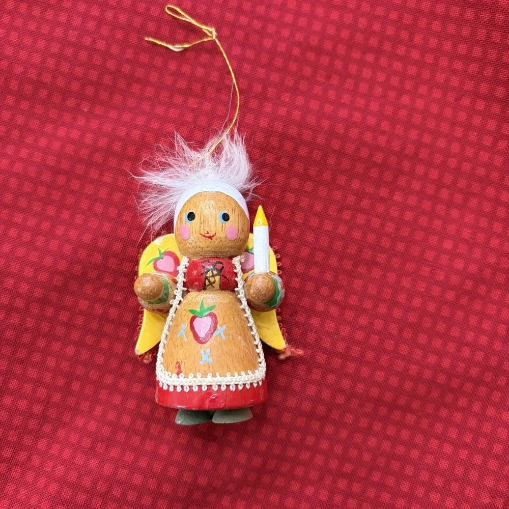 Vintage Handcrafted Wooden Angel Christmas Ornament Strawberry Folk Art